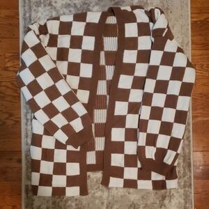 Brown and White Checkered Woman's Cardigan Sweater